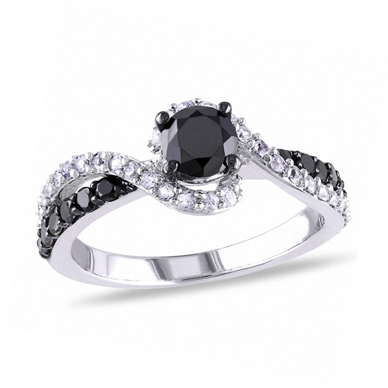 Main Image 1 of 3/4 CT. T.W. Black Diamond and Lab-Created White Sapphire Swirl Ring in Sterling Silver