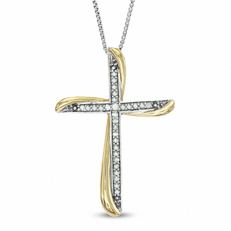 1/8 CT. T.W. Diamond Twist Cross Pendant in Sterling Silver and 14K Gold Plate