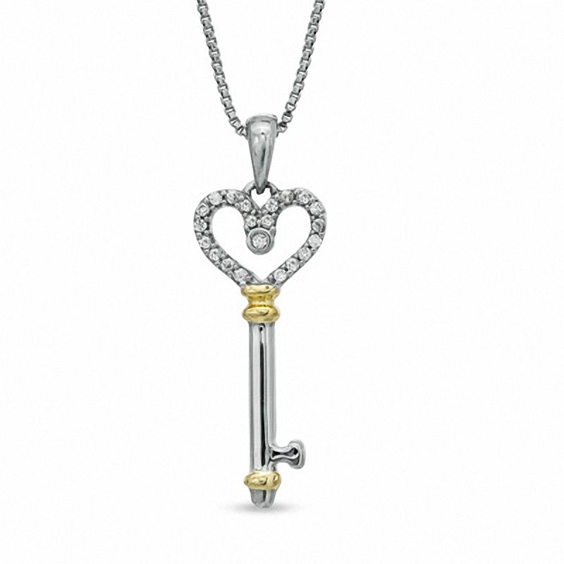 Diamond Accent Heart Top Key Pendant in Sterling Silver and 14K Gold Plate