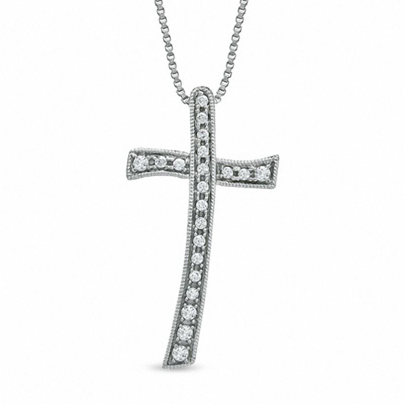 1/15 CT. T.W. Diamond Milgrain Leaning Cross Pendant in Sterling Silver