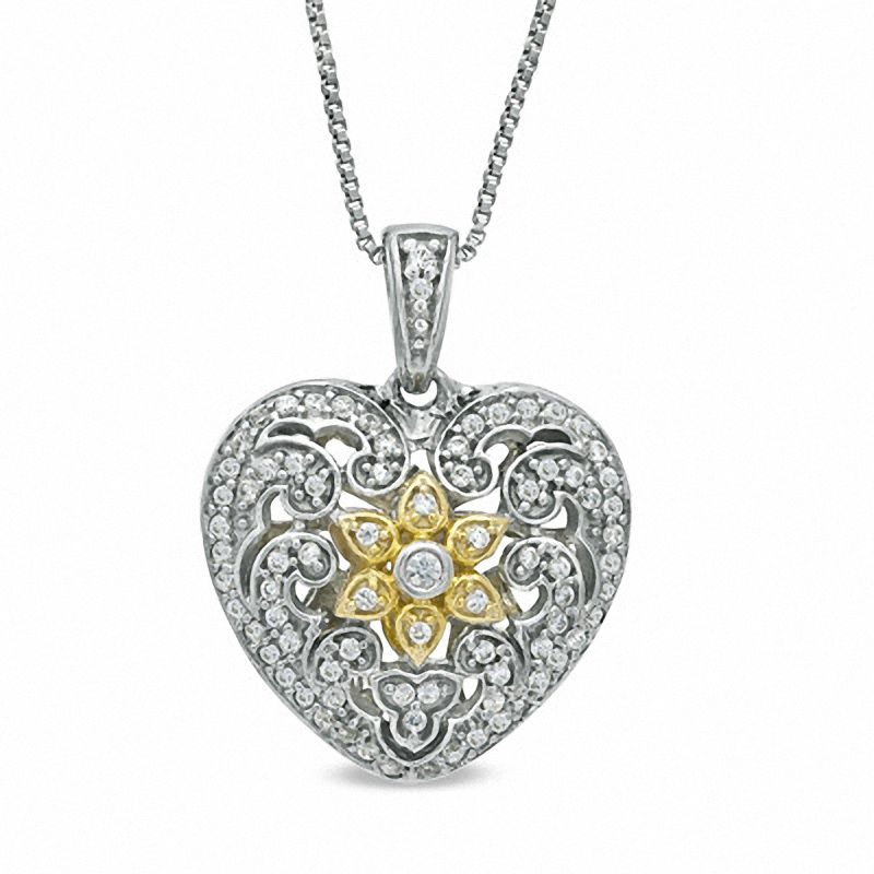 1/4 CT. T.W. Diamond Vintage-Style Heart Pendant in Sterling Silver and 14K Gold Plate
