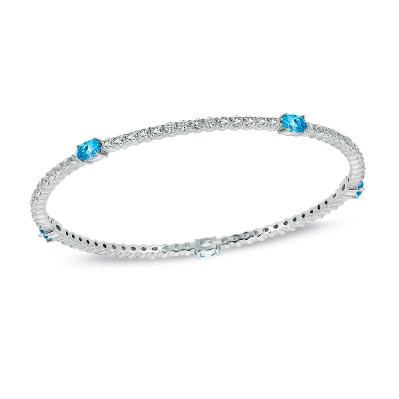 Main Image 1 of Oval Swiss Blue Topaz and Lab-Created White Sapphire Bangle in Sterling Silver - 8.0"