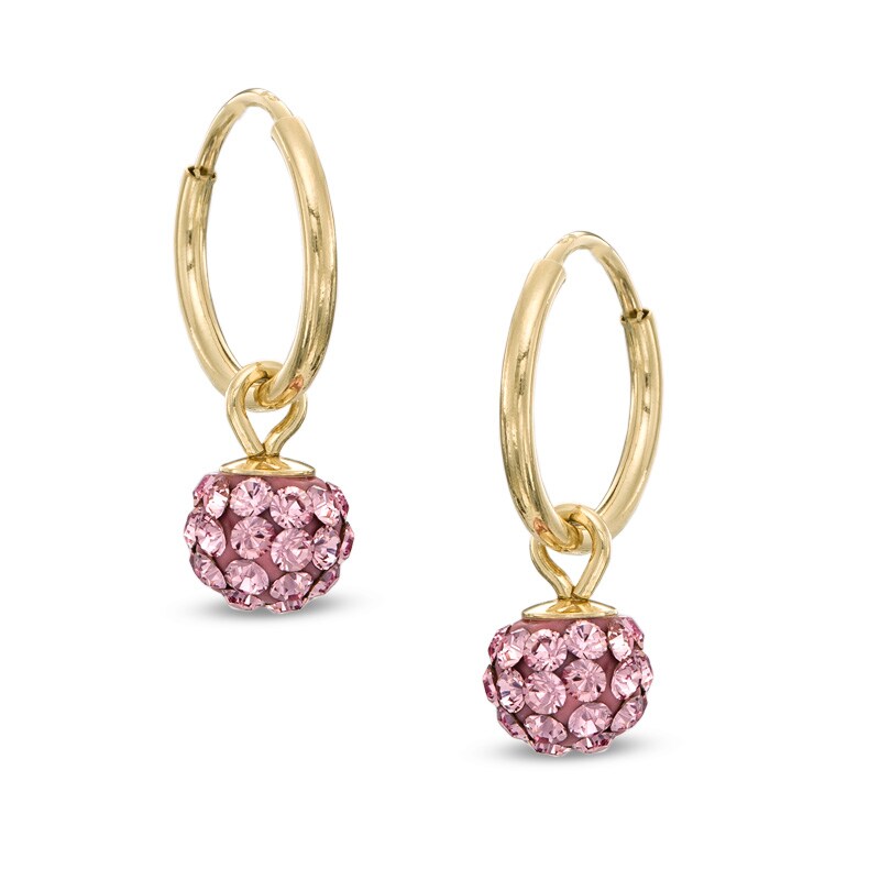 Main Image 1 of Child's Rose Crystal Ball Hoop Earrings in 14K Gold