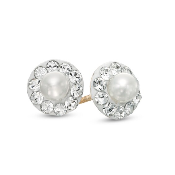 Child's 3.0mm Freshwater Cultured Pearl and Crystal Frame Stud Earrings in 14K Gold