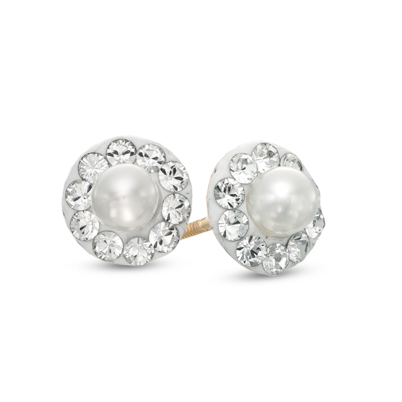 Child's 3.0mm Cultured Freshwater Pearl and Crystal Frame Stud Earrings in 14K Gold