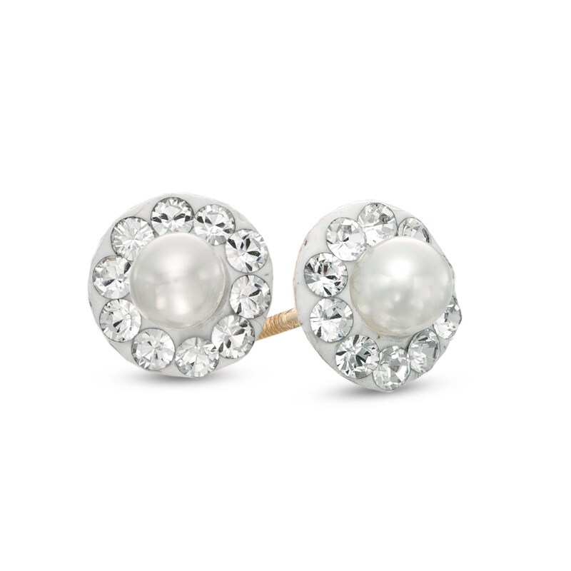 Main Image 1 of Child's 3.0mm Freshwater Cultured Pearl and Crystal Frame Stud Earrings in 14K Gold