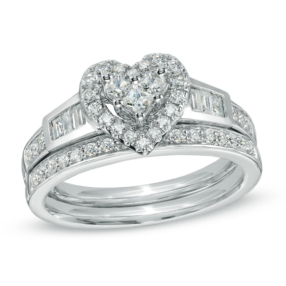 7/8 CT. T.w. Diamond Heart Cluster Bridal Set in 14K White Gold
