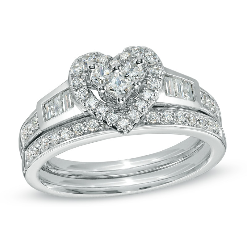 Main Image 1 of 7/8 CT. T.W. Diamond Heart Cluster Bridal Set in 14K White Gold