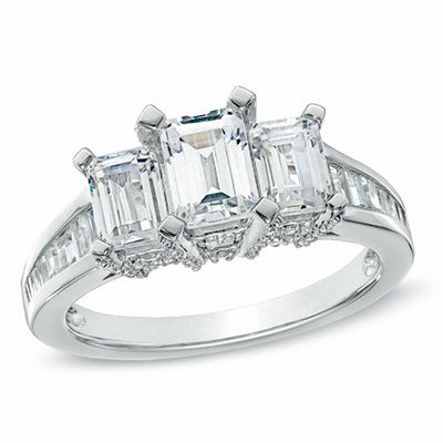 2.00 Ct Emerald Cut Diamond Three Stone Engagement Ring 14k White Gold Finish 