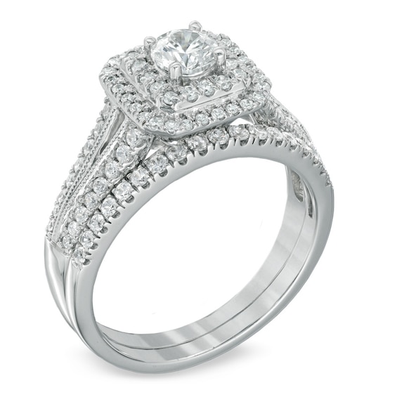 Celebration Ideal 1 CT. T.w. Certified Diamond Double Frame Bridal Set in 14K White Gold (I/I1)