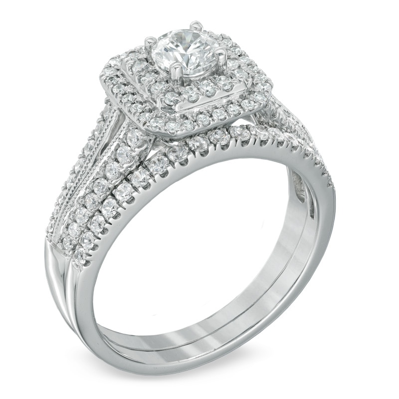 Celebration Ideal 1 CT. T.W. Diamond Double Frame Bridal Set in 14K White Gold (I/I1)