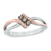 Thumbnail Image 1 of 1/10 CT. T.W. Champagne and White Diamond Three Stone Bypass Ring in Sterling Silver and 10K Rose Gold