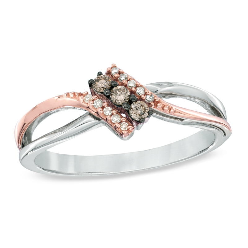 Main Image 1 of 1/10 CT. T.W. Champagne and White Diamond Three Stone Bypass Ring in Sterling Silver and 10K Rose Gold