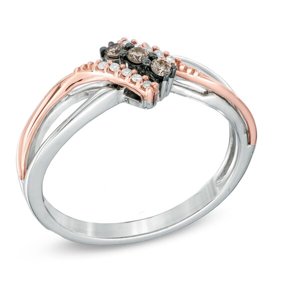 1/10 CT. T.w. Champagne and White Diamond Three Stone Bypass Ring in Sterling Silver and 10K Rose Gold