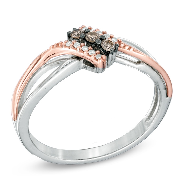 Main Image 2 of 1/10 CT. T.W. Champagne and White Diamond Three Stone Bypass Ring in Sterling Silver and 10K Rose Gold