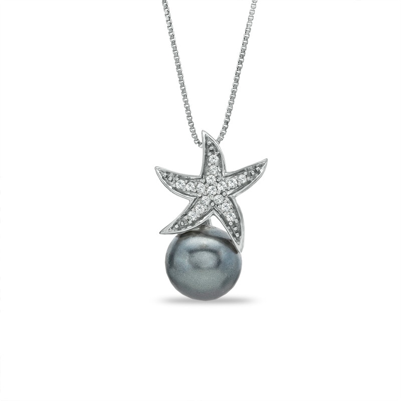 7.0 - 8.0mm Grey Cultured Freshwater Pearl and 1/10 CT. T.W. Diamond Starfish Pendant in Sterling Silver