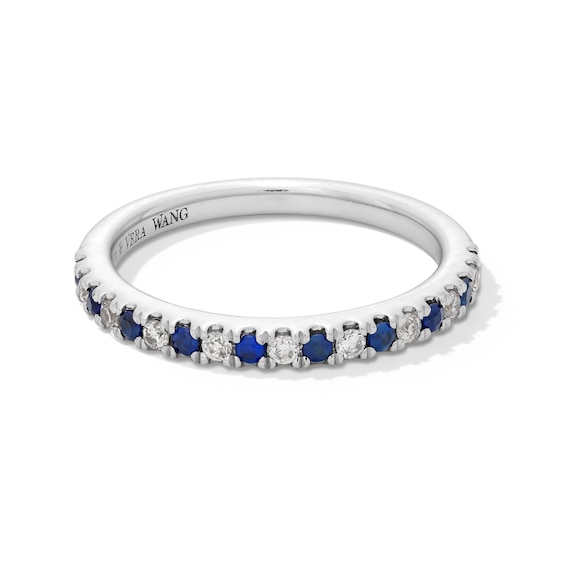 Vera Wang Love Collection 1/8 CT. T.w. Diamond and Blue Sapphire Band in 14K White Gold