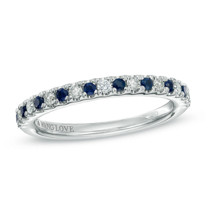 Vera Wang Love Collection 1/8 CT. T.W. Diamond and Blue Sapphire Band in 14K White Gold