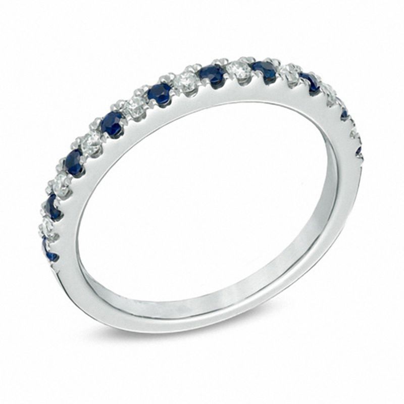 Vera Wang Love Collection 1/8 CT. T.W. Diamond and Blue Sapphire Band in 14K White Gold