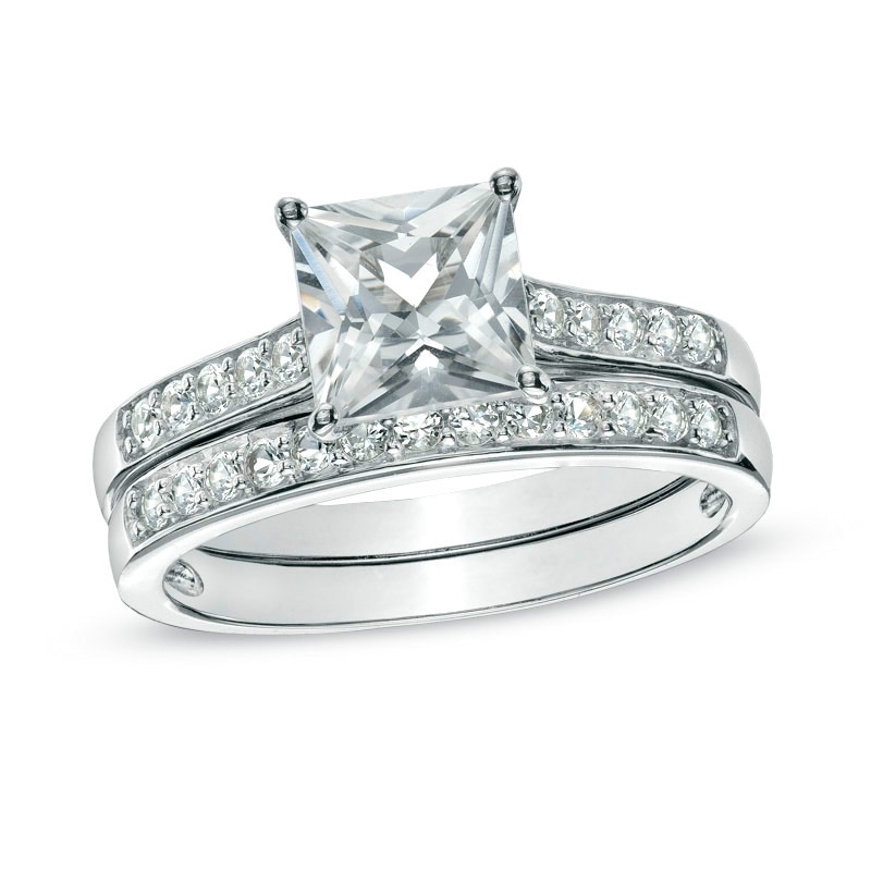 Main Image 1 of Princess-Cut Lab-Created White Sapphire Fashion Ring Set in Sterling Silver