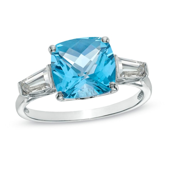9.0mm Cushion-Cut Swiss Blue Topaz and Lab-Created White Sapphire Ring in 10K White Gold