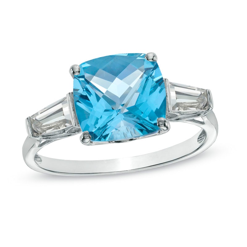 Main Image 1 of 9.0mm Cushion-Cut Swiss Blue Topaz and Lab-Created White Sapphire Ring in 10K White Gold