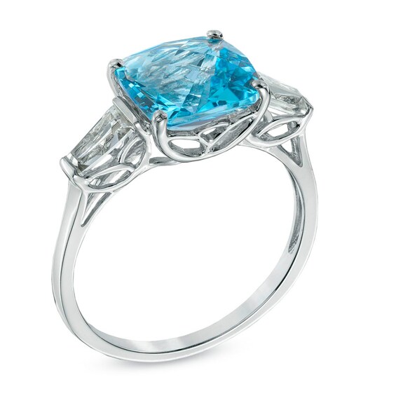 9.0mm Cushion-Cut Swiss Blue Topaz and Lab-Created White Sapphire Ring in 10K White Gold