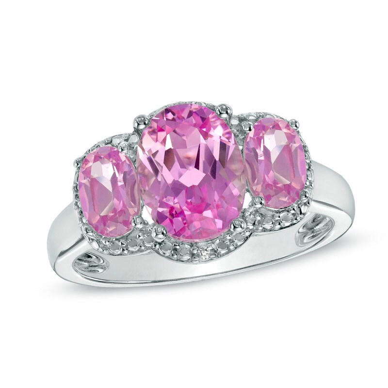 Main Image 1 of Oval Lab-Created Pink Sapphire and Diamond Accent Three Stone Ring in 10K White Gold