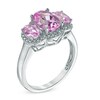 Thumbnail Image 2 of Oval Lab-Created Pink Sapphire and Diamond Accent Three Stone Ring in 10K White Gold