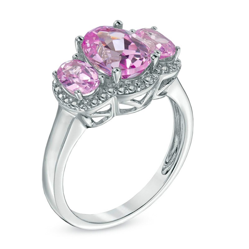 Main Image 2 of Oval Lab-Created Pink Sapphire and Diamond Accent Three Stone Ring in 10K White Gold