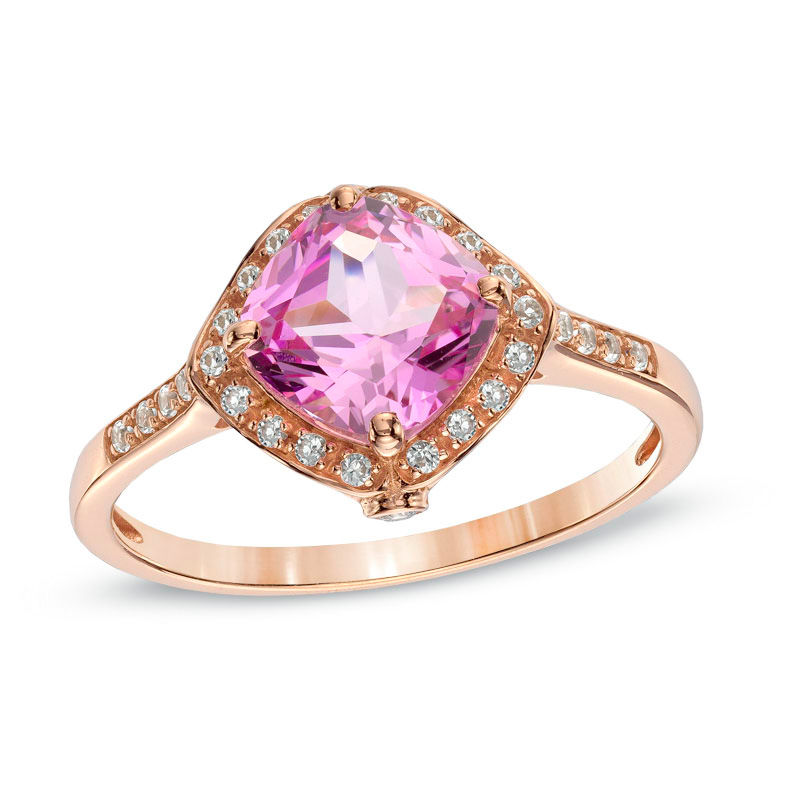Main Image 1 of 7.0mm Cushion-Cut Lab-Created Pink and White Sapphire Frame Ring in 10K Rose Gold