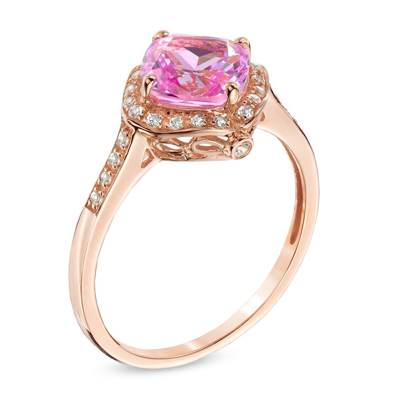 Main Image 2 of 7.0mm Cushion-Cut Lab-Created Pink and White Sapphire Frame Ring in 10K Rose Gold