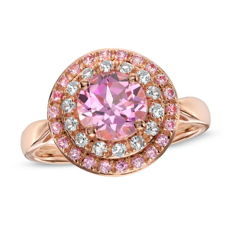 Main Image 1 of 7.0mm Lab-Created Pink and White Sapphire Double Frame Ring in 10K Rose Gold
