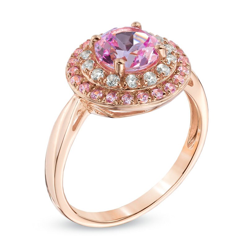 Main Image 2 of 7.0mm Lab-Created Pink and White Sapphire Double Frame Ring in 10K Rose Gold