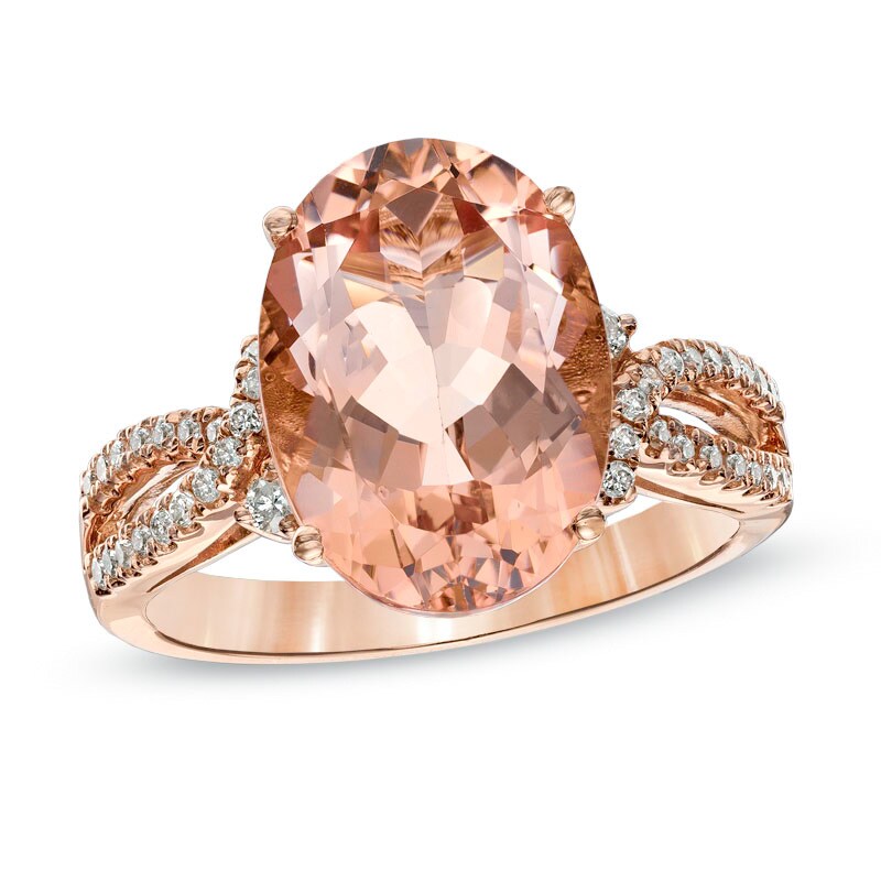 Main Image 1 of Oval Morganite and 1/5 CT. T.W. Diamond Ring in 14K Rose Gold