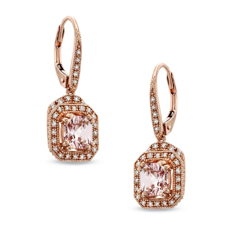 Main Image 1 of 6.0mm Radiant-Cut Morganite and 1/5 CT. T.W. Diamond Earrings in 10K Rose Gold