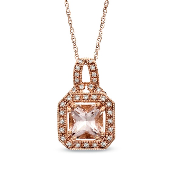 7.0mm Radiant-Cut Morganite and 1/10 CT. T.w. Diamond Pendant in 10K Rose Gold