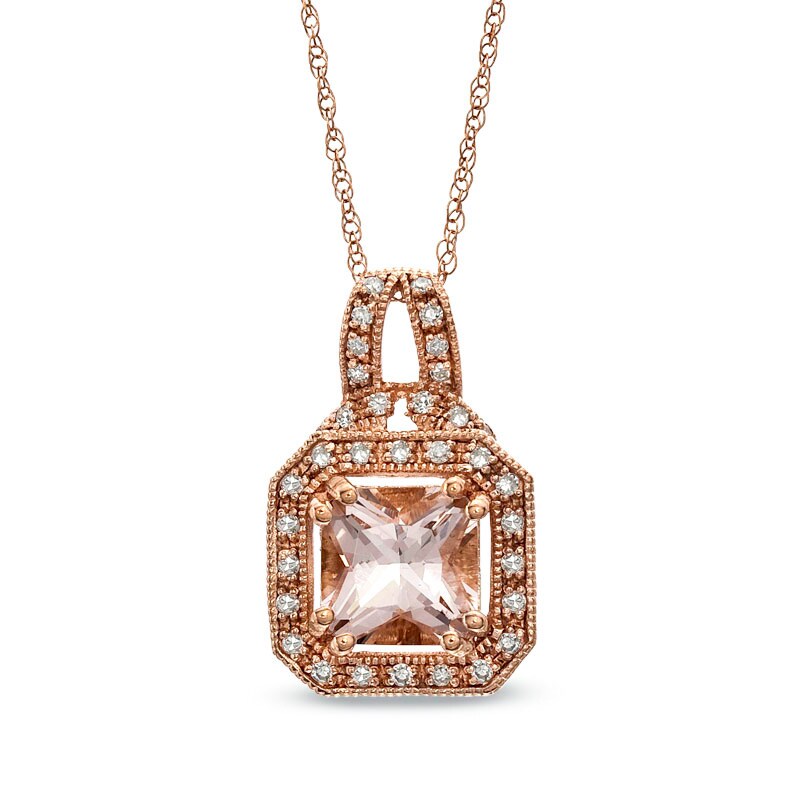 Main Image 1 of 7.0mm Radiant-Cut Morganite and 1/10 CT. T.W. Diamond Pendant in 10K Rose Gold