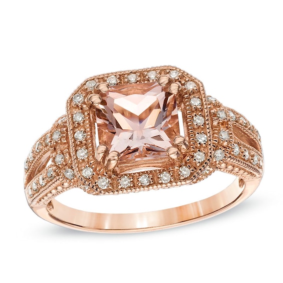 7.0mm Radiant-Cut Morganite and 1/8 CT. T.w. Diamond Ring in 10K Rose Gold