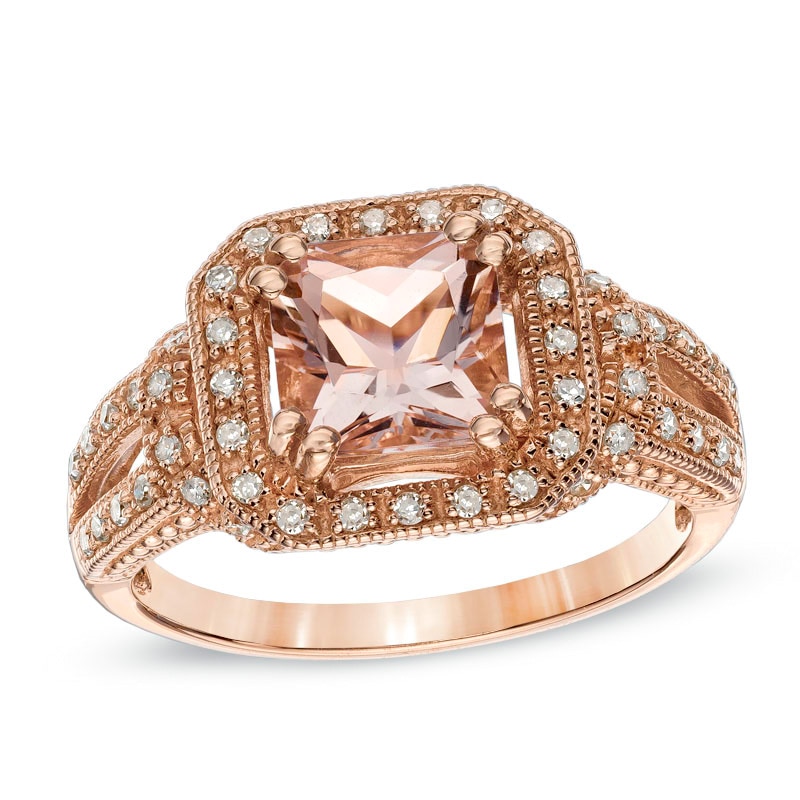 Main Image 1 of 7.0mm Radiant-Cut Morganite and 1/8 CT. T.W. Diamond Ring in 10K Rose Gold