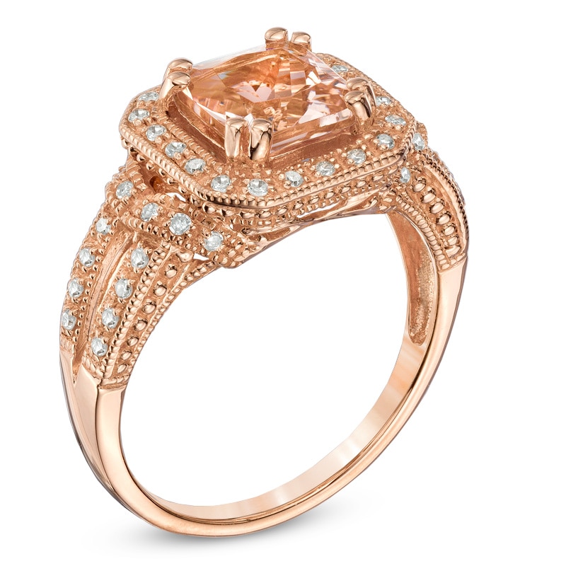 Main Image 2 of 7.0mm Radiant-Cut Morganite and 1/8 CT. T.W. Diamond Ring in 10K Rose Gold