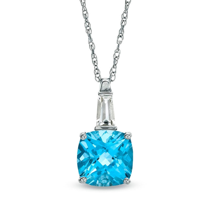 Main Image 1 of 9.0mm Cushion-Cut Swiss Blue Topaz and Lab-Created White Sapphire Pendant in 10K White Gold