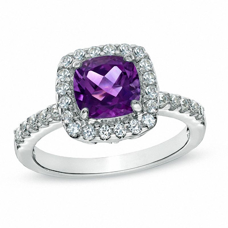 Main Image 1 of 7.0mm Cushion-Cut Amethyst and Lab-Created White Sapphire Ring in Sterling Silver