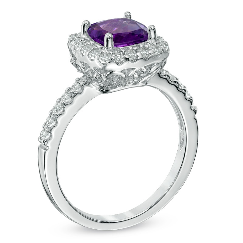 Main Image 2 of 7.0mm Cushion-Cut Amethyst and Lab-Created White Sapphire Ring in Sterling Silver