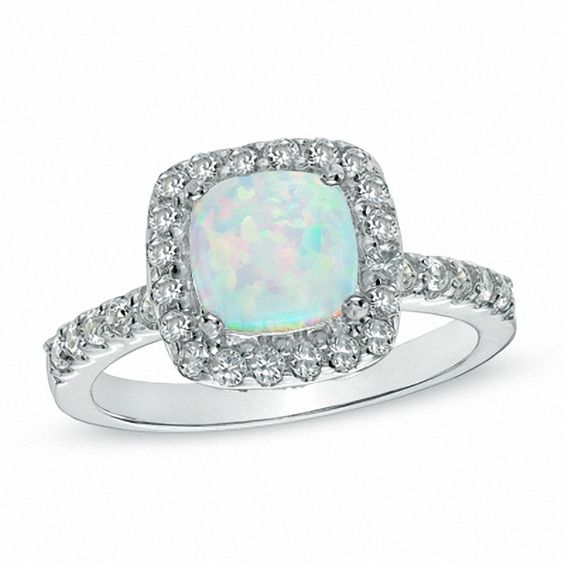 7.0mm Cushion-Cut Lab-Created Opal and White Sapphire Frame Ring in Sterling Silver