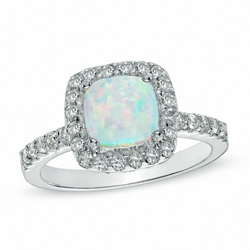 Main Image 1 of 7.0mm Cushion-Cut Lab-Created Opal and White Sapphire Frame Ring in Sterling Silver