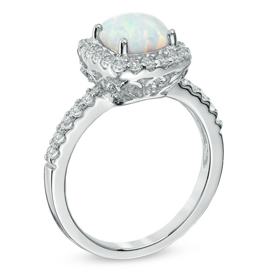 7.0mm Cushion-Cut Lab-Created Opal and White Sapphire Frame Ring in Sterling Silver