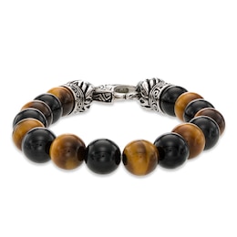 Tiger's Eye and Onyx Bead Stainless Steel Stretch Bracelet - 8.5"