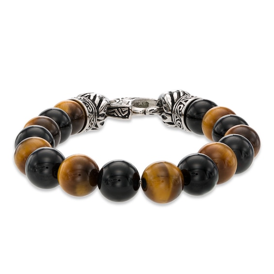 Tiger's Eye and Onyx Bead Stainless Steel Stretch Bracelet - 8.5"