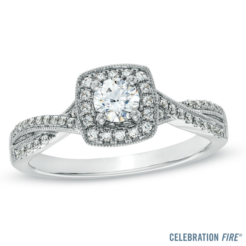 Main Image 1 of Celebration Fire® 1/2 CT. T.W. Diamond Vintage-Style Twist Engagement Ring in 14K White Gold (H-I/SI1-SI2)